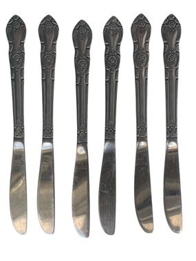 6 IMPERIAL Stainless FLEURETTE Floral Flatware Dinner Knives Butter Knives